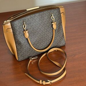 Michael Kors Brown and Tan Satchel with Signature Monogram